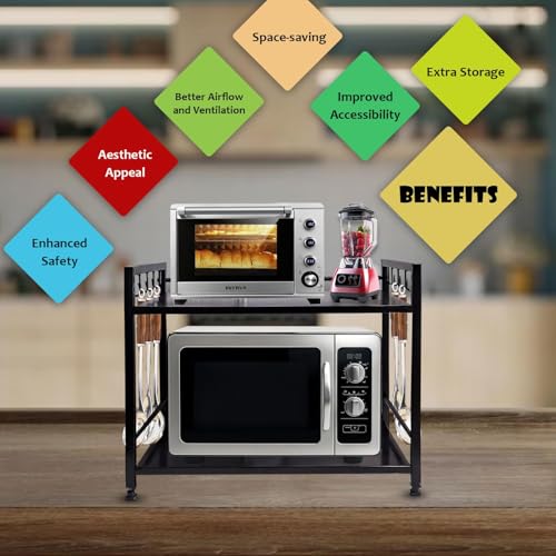 Image of REMANENCE 2 Tier Metal Microwave Stand || Microwave & OTG Stand for Kitchen Counter|| Double Platform for Extra Storage with Hooks|| Kitchen Oven Rack