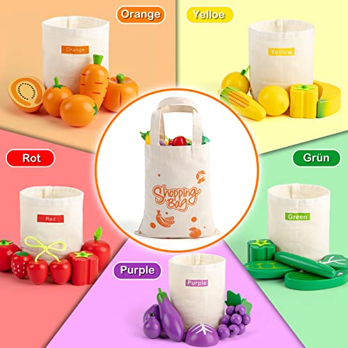 Sundaymot Kaufladen Zubehör Holz, Kinderküche Zubehör, 69 stk Bauernmarkt Farbensortierset mit Leinentasche und Euro… – Bild 5