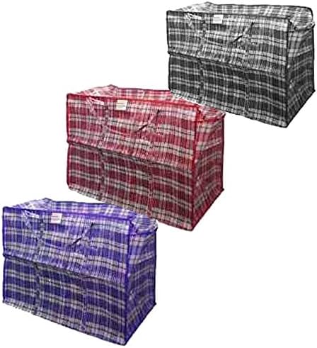 Set of 5 - Jumbo EXTRA-WIDE Plastic Black Red White 26" X 22" X 11.5" Storage Laundry Clothing Dorm Room Shopping Bags w/ Zipper + Handles (5)
