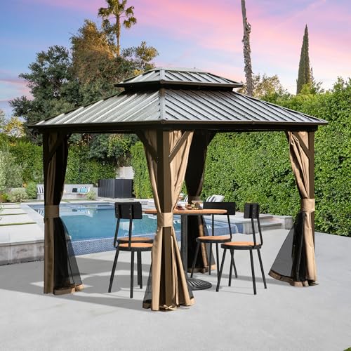 Domi 8' x 10' Hardtop Gazebo Permanent Metal Gazebo with Galvanized Steel Double Roof, Curtains and Netting for Party, Wedding, Outdoor Dining, Patio, Backyard, Brown