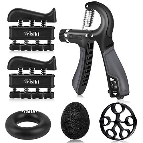 Trisiki [Upgraded Hand Grip Strengthener Set (6 Pack) Counting Forearm Trainer Workout Kit, Adjustable Resistance Hand Gripper, 2 Finger Exerciser, Finger Stretcher, Grip Ring & Stress Relief Ball