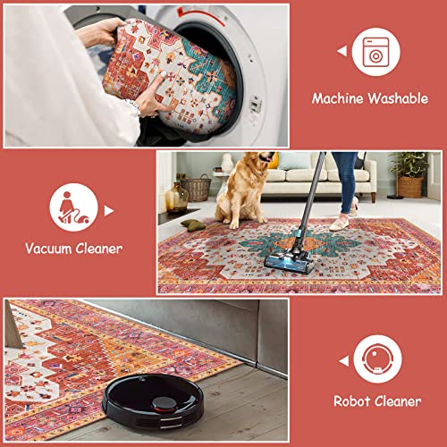 Moynesa Ultra-Thin Washable Runner Rug - 2'6"x8' Pink Runners for Hallways, Boho Non-Slip Bedroom Rug Runner, Vintage Oriental Medallion Kitchen Carpet Runner for Home Entrance Decor