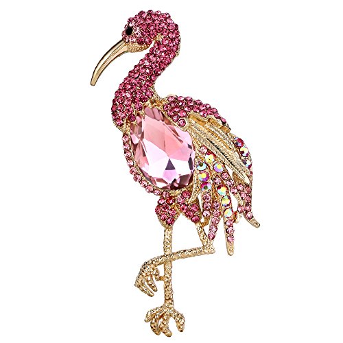 EVER FAITH Antique Gold-Tone Rhinestone Crystal Standing Flamingo Bird Animal Brooch Pink