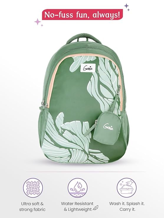 Image of Genie Mira School Backpack For Girls |19 Inch-36 Litres With Three Compartments, Light Weight with Padded Shoulders |Best for Books, Water Bottles, Stationery, Lunch Box & Essentials - Sage