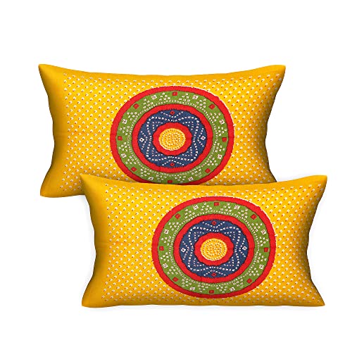 Image of RajasthaniKart Pure 100% Cotton Double Bed Sheet with 2 Pillow Covers (Bedsheet for Double Bed Cotton, Yellow, Bhandej)