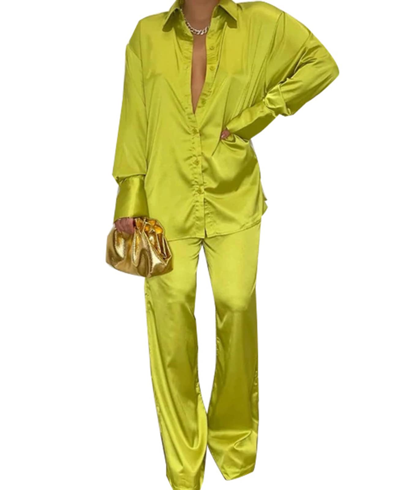 WOKANSE Women's Satin Loungewear Set Long Sleeve Lapel Button Shirt Tops Wide Leg Palazzo Pajama Two Piece Outfits