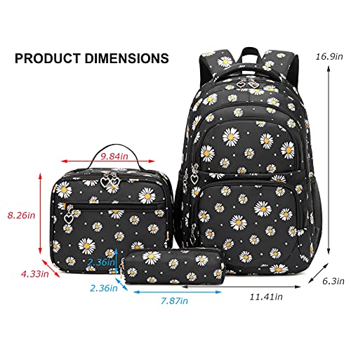 goldwheat Daisy Printed Backpacks With Lunch Pack Pencil Case 3pcs, Lightweight Water Resistant Bookbag For Middle School2