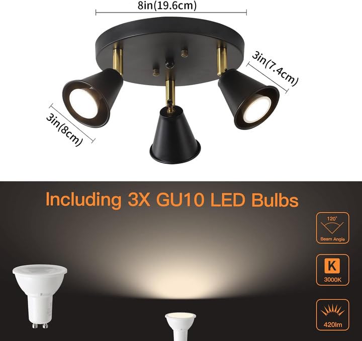 Image of 3-Light Industrial Directional Track Lighting, Adjustable Round Ceiling Spotlight, Morden Black Flush Mount Kitchen Light for Kitchen,Hallway,Dining Room,Porch,Office.Gu10 Bulbs Included