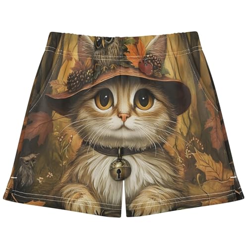 Girls Halloween Cat Pumpkin Witch Hat Athletic Shorts Comfy Casual Lounge Pajama Shorts with Pockets, X-Small