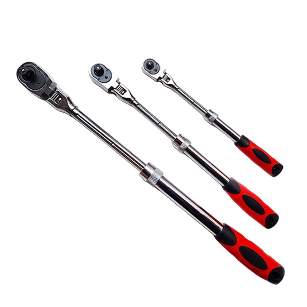 Chiave a cricchetto retrattile da 1/4", 3/8", 1/2", meccanismo reversibile a 72 denti, con pulsante di sgancio rapido per una facile rimozione della presa, colore rosso