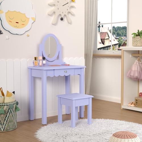 Image of HLR Kids Vanity, Girls Vanity Set with Mirror and Stool, Wooden 2 in 1 Princess Makeup Desk Dressing Table with Detachable Top, Toddler Vanity Dresser Set with Drawer for Little Girls, Purple