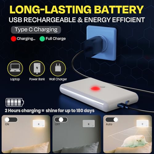 Image of 3-Pack Motion Sensor Night Light - Cruise Ship Approved, Magnetic & Rechargeable with USB-C, RGB Color-Changing Modes, LED Auto Nightlight for Cabin, Bathroom, Hallway, Bed or Stairs