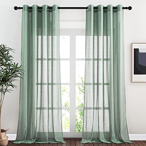 NICETOWN Olive Green Curtains Linen Sheer Texture for Living Room, Grommet Semi Sheer Linen Blend Vertical Drapes Privacy with Light Filter for Garden