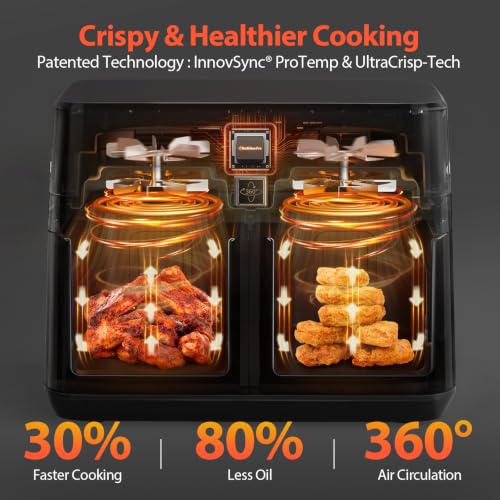 Image of 12QT Large Dual Air Fryer, 10-in-1 Double Zone Airfryer with 2x6QT Baskets, 60 Easy-Panel with Full Touchscreen, SyncCook Function, Viewing Window, Nonstick & Dishwasher Safe, 2 Dishes at Once, Black