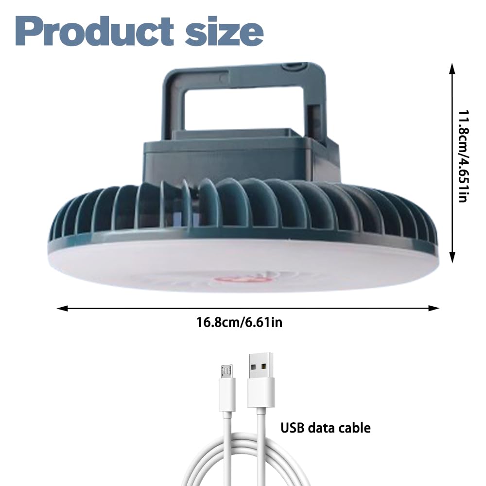 Lampada da Campeggio con Ventilatore, Lampada LED Ventilatore Portatile a Soffitto USB Ricaricabile, Forte Adsorbimento Magnetico e Gancio di Sospensione, 3 livelli Velocità del Vento (blu)