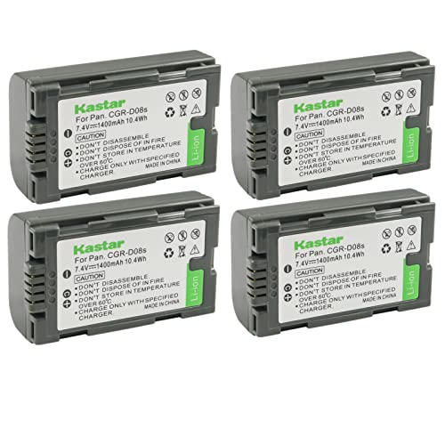Kastar 4-Pack CGR-D08 Battery Replacement for Panasonic PV-BP8, PV-D401, PV-VM202, DZ-MX5000, VDR-M10, VDR-M20, AJ-PCS060G (Portable Hard Disk), AG-3DA1, AG-3DA1E, AG-3DA1P, AG-AC90 Camera