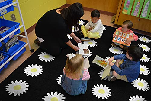 Schoolgirl Style Daisy Criss Cross Carpet, 7'6"x12', Black for Kids Room or Classroom