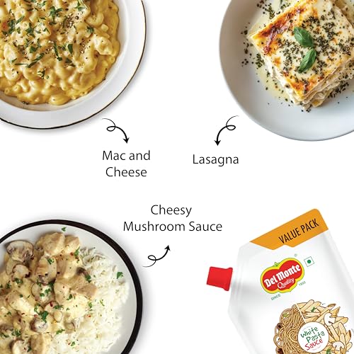 Image of Del Monte White Pasta Sauce Spout Pack, 400 Grams | Restaurant Style Creamy Cheezy | Premium Italian Sauce | 100% Fresh Ingredients | No Added Preservatives, Chemicals, Colors & MSG | Suitable for All Pasta Shapes & Macaroni