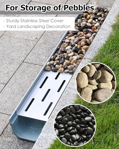 1m Long Trench Drain with Grates, 8inch Wide Trough Diverter for Pebbles & Rainstone, Landscape Decorative Drainage System (39.4x7.9x11.8in) - Durable & Efficient Drainage Solution