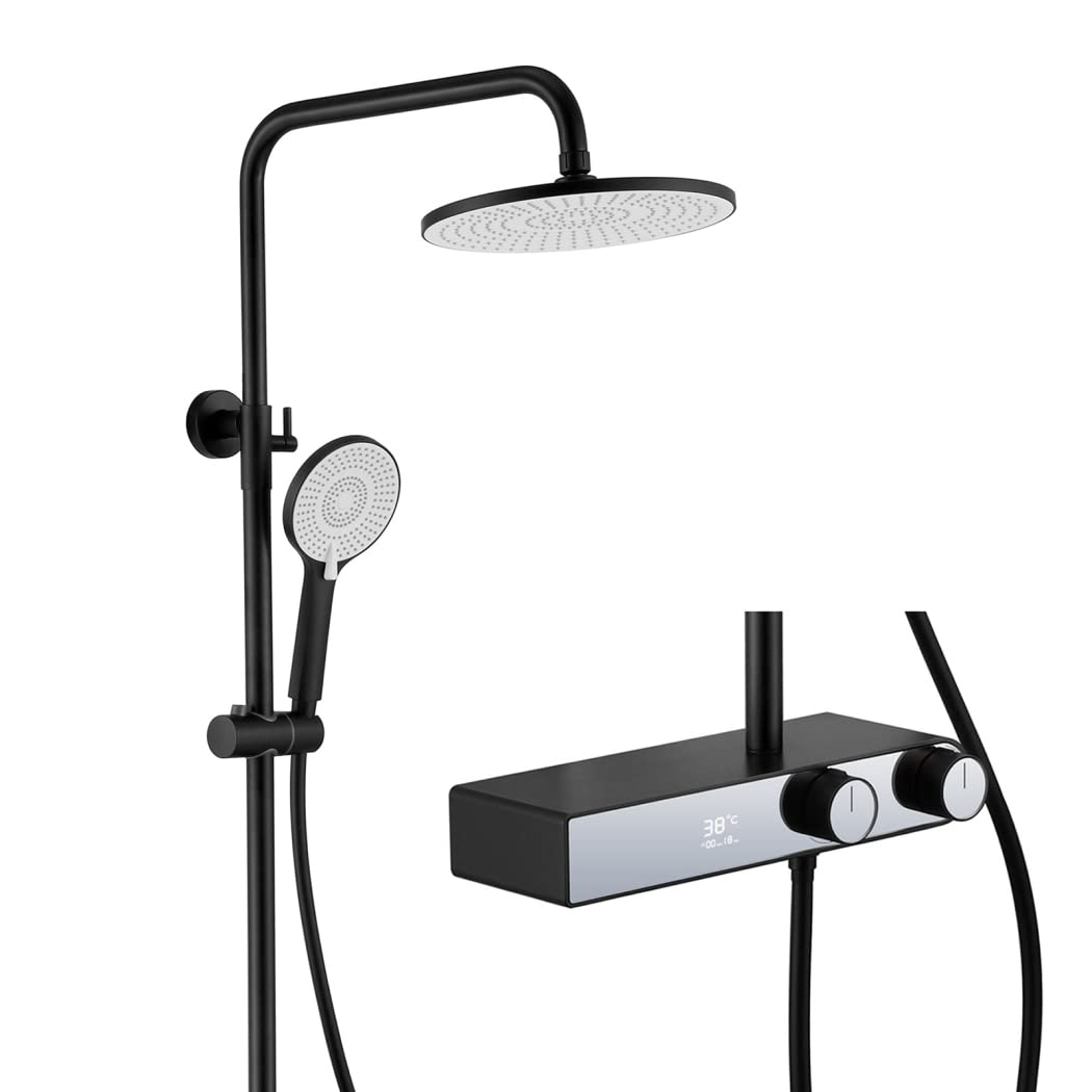 WOTZOV Shower Faucet Set With Led Digital Display Shower System Wall Mounted Rain Shower Combo Set 10 Inches Tub And Shower Trim Kit With Tub Spout, Handheld Sprayer, Rain Showe，Nero