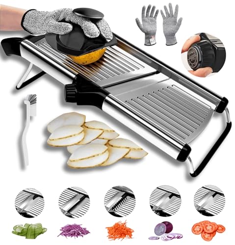 Groa Adjustable Mandoline Slicer for Kitchen– French Fry Cutter, Potato Slicer Vegetable Slicer Tomato Slicer in Kitchen Essentials with Resistant Gloves- Stainless Steel Mandolin vegetable cutter