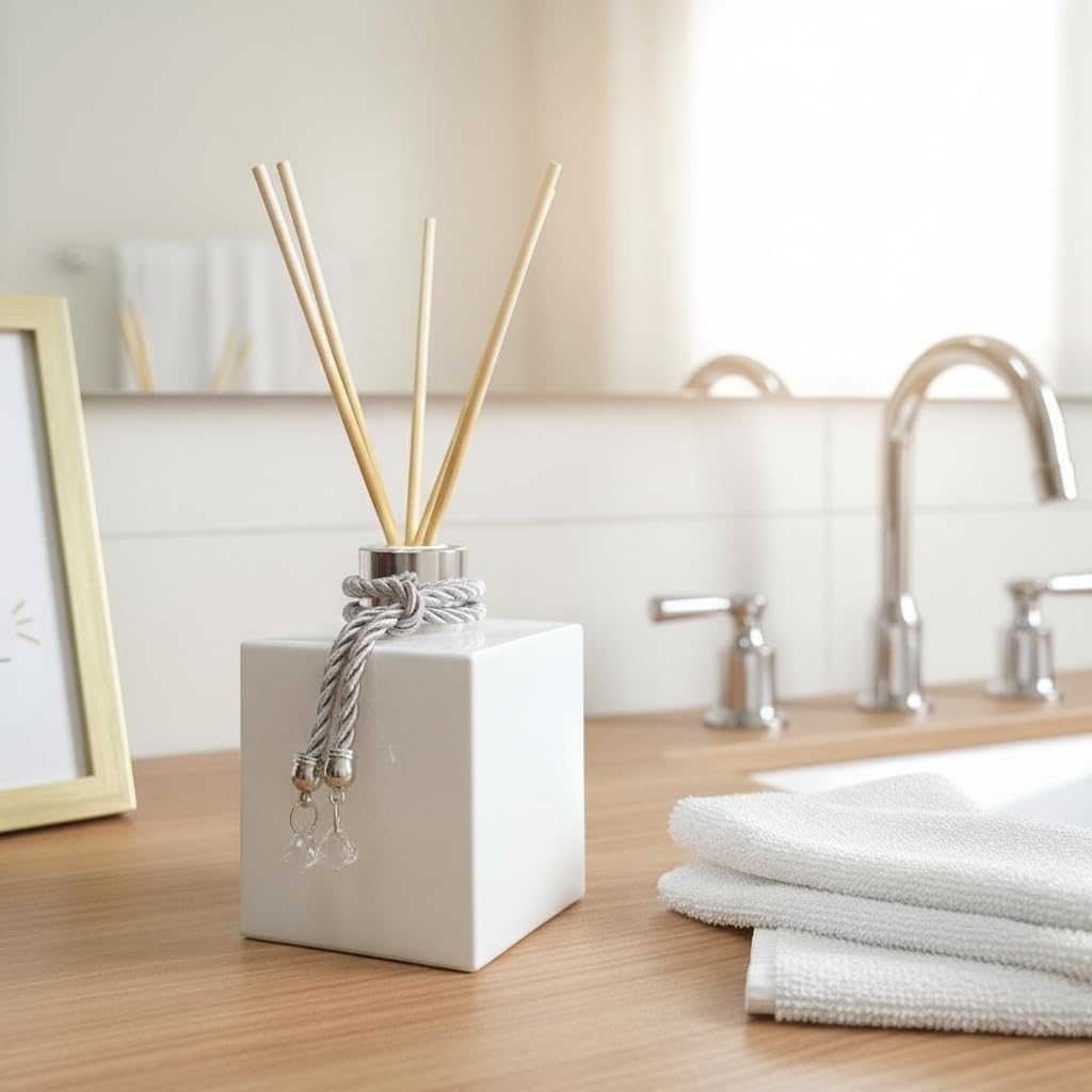 Aromatizador Difusor de Ambientes Branco e Prata com Varetas Decoradas e Pingente de Cristal