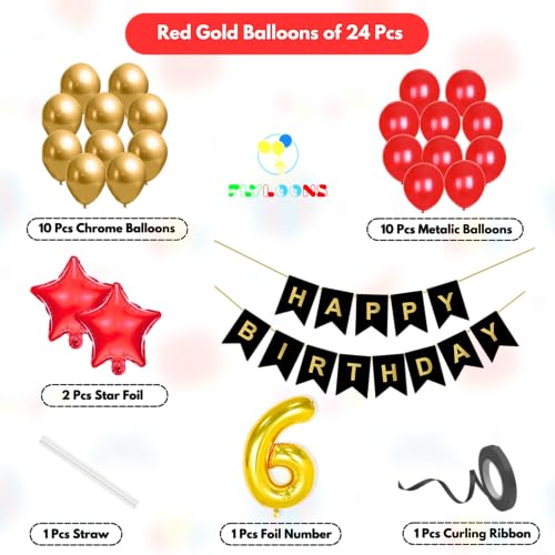Image of Flyloons 6th Happy Birthday Decoration Kit Red Gold for Boys Girls Kids Twins Men Women With 20 Pcs Chrome Balloons Birthday Banner 2 Pcs Star Items Set