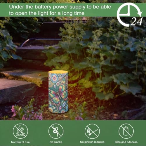 Image of Poceacles LED Flameless Candles Battery Operated Candles with Remote Control Timer Flickering Wick Pillar Tealight for Home Outdoor Decor, Boho Floral Butterfly Blue