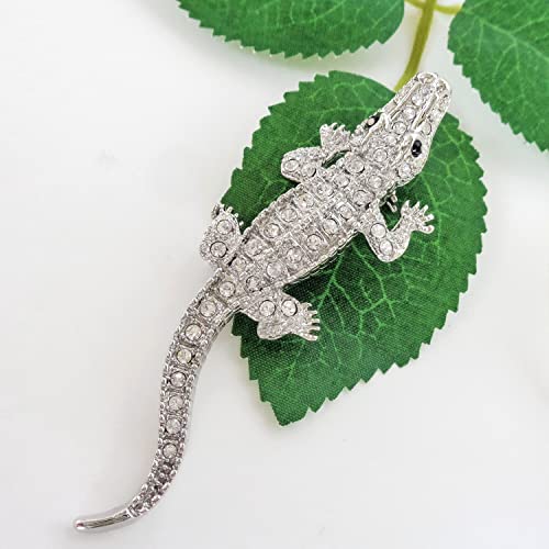 Image of Navachi 18k White Gold Plated White Crystal Crocodile Alligator Az7262 Brooch Pin