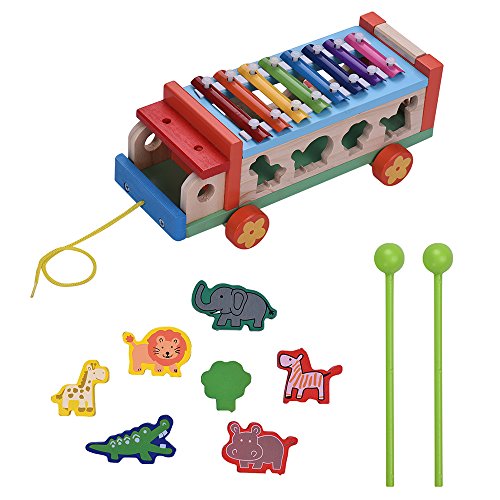 KKmoon Multifuncional De Madeira Carro De Brinquedo com 8 Notas Xilofone Glockenspiel 7 Bonito Anima