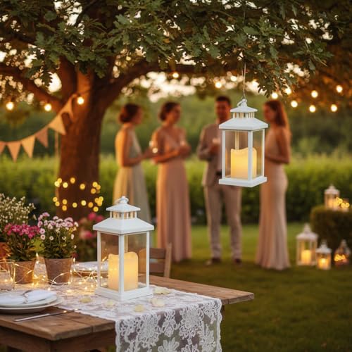 Image of Coku LT-22 Vintage LED Lantern With Pillar Candle, Battery Operated Wall Hanging Lamp, Flameless Antique Glass Holder for Home Decor, Diwali (White, Pack 2)