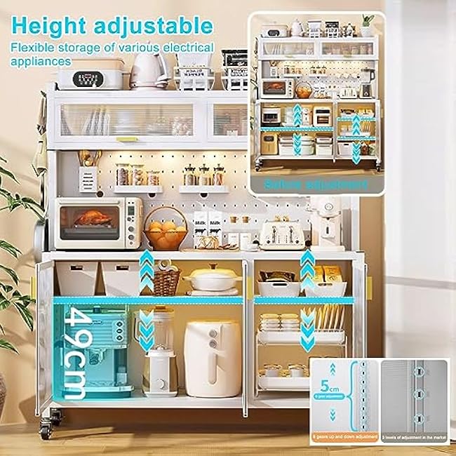 5-Tier White Metal Kitchen Storage Rack with Wheels, Microwave Cart, DIY Backplane, 123cm - Versatile Kitchen Organizer for Space-Saving & Easy Mobility-qUjEnNnr