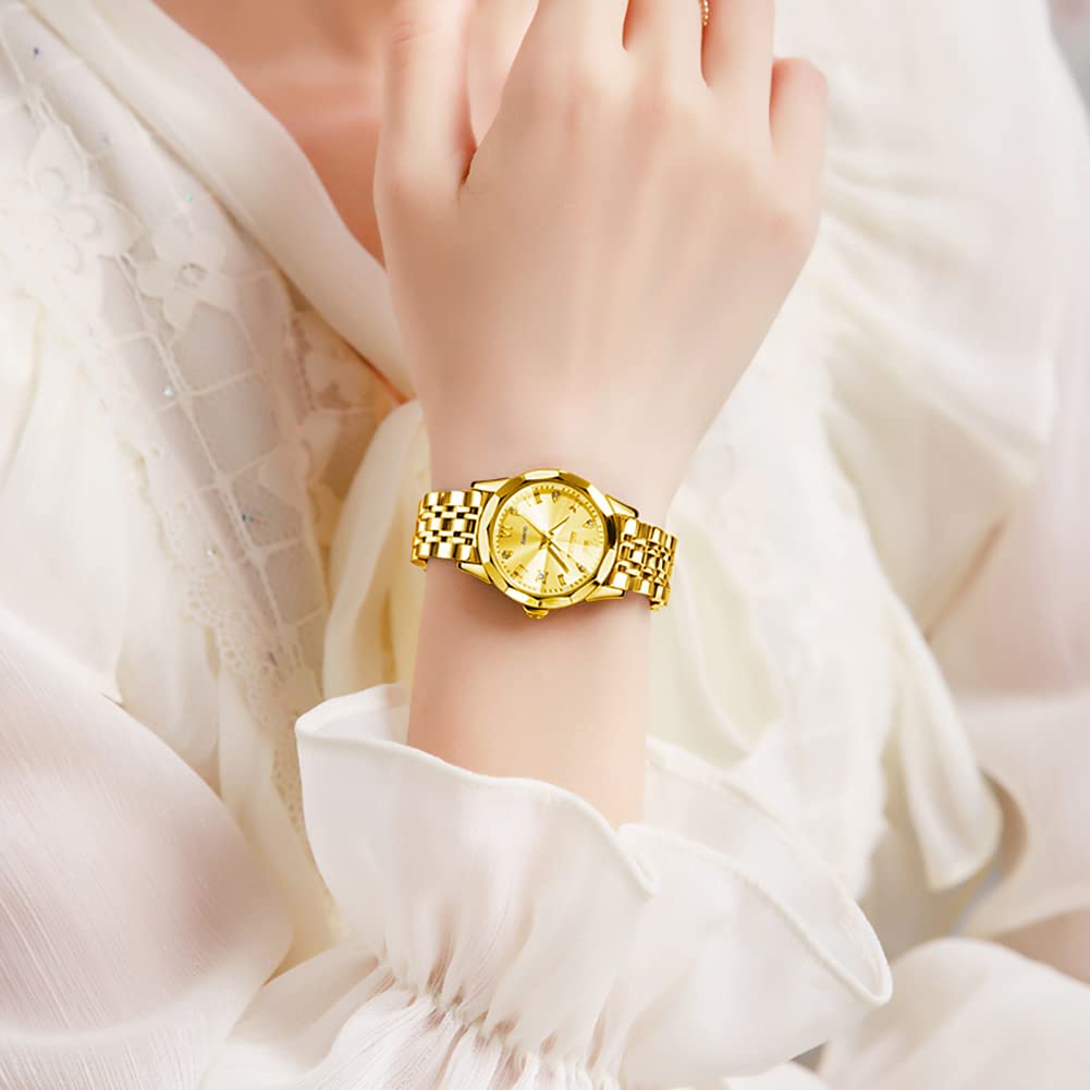 OLEVS Reloj de pulsera para mujer de plata elegante con diamantes pequeños de acero inoxidable de dos tonos con fecha y día de cuarzo analógico para mujer, Tono-dorado, Reloj de pulsera de joyería