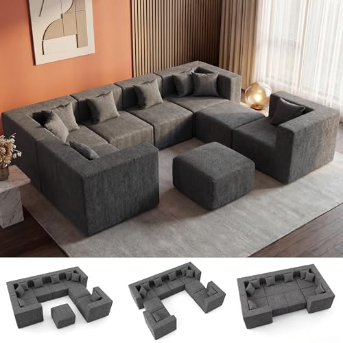 Image of MONVANE Modular Sectional Sofa, Oversized 8 Seat Convertible U Shaped Couch with Ottoman, Comfy Chenille Cloud Couch with Deep Seat, Sectional Couches for Living Room, No Assembly Required, Grey