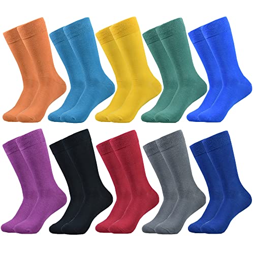 FLGYTH Men's Colorful Dress Socks 10 Pack Cotton Crew Socks, Fun Novelty Vibrant Solid Colors Socks for Men Shoe Size 8-13