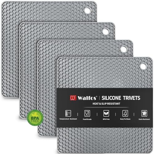 Image of Walfos Silicone Trivet Mats - 4 Heat Resistant Pot Holders, Multipurpose Non-Slip Hot Pads for Kitchen Potholders, Hot Dishers, Jar Opener, Spoon Holder, Food Grade Silicone & BPA Free (Square)