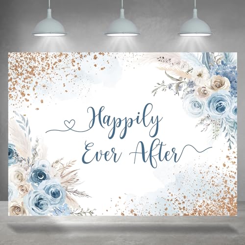 Rsuuinu Happily Ever After Backdrop Floral Blue Gold Dots Wedding