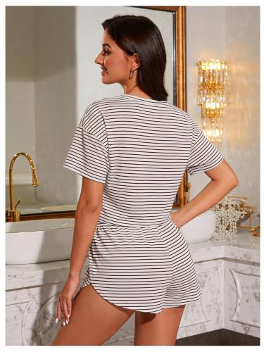 Image of OYOANGLE Womens Pajama Sets 2 Piece Sexy Lounge Sets Summer Cute Pjs Striped Print Tee and Side Split Shorts Set