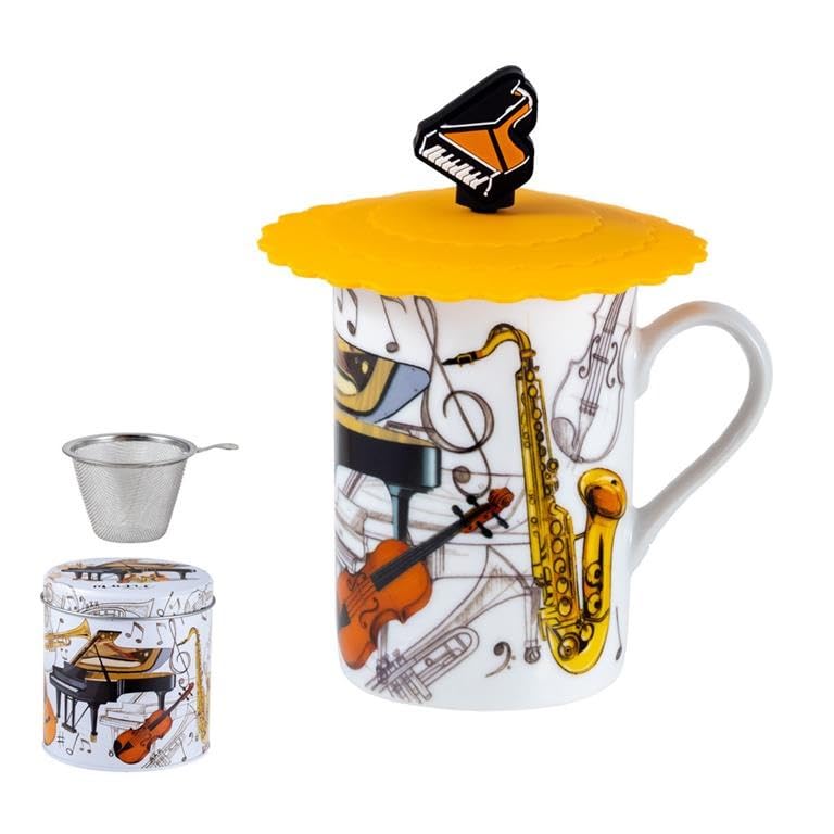 DRW Lot de 6 tasses à infusion avec filtre en acier inoxydable avec instruments de musique Tasse : 8 x 8 x 10 cm