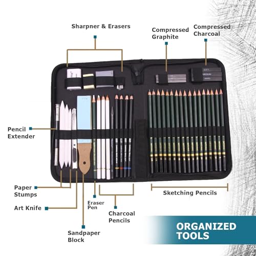 Image of Levin Art Sketching Pencils Drawing Kit 42 Pcs with Zippered Carrying Case (26 Pencil 6 Sticks 3 Stumps 3 Eraser 1 Sharpener 1 Sand Paper 1 Cutter 1 Extender 1 Carry Case) (1 needle pen free)