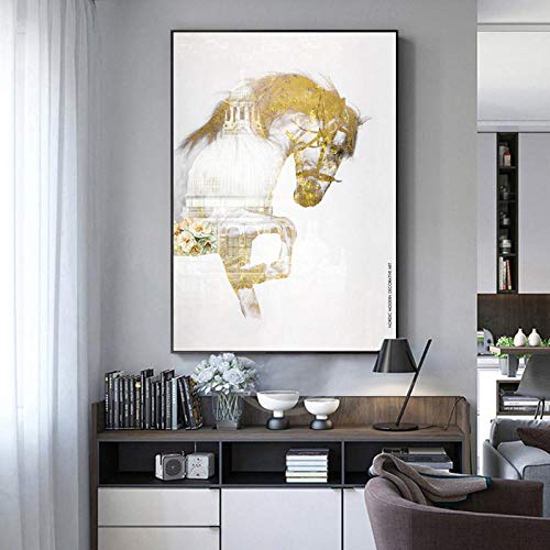 Cuadro de caballo blanco y edificios lienzo moderno para decorar una sala de estar 2