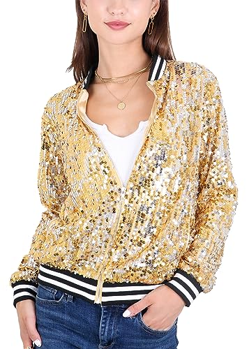 Anna-Kaci Womens Sequin Jacket Sparkle Long Sleeve Front Zip Casual Blazer Bomber Jacket With Pockets2