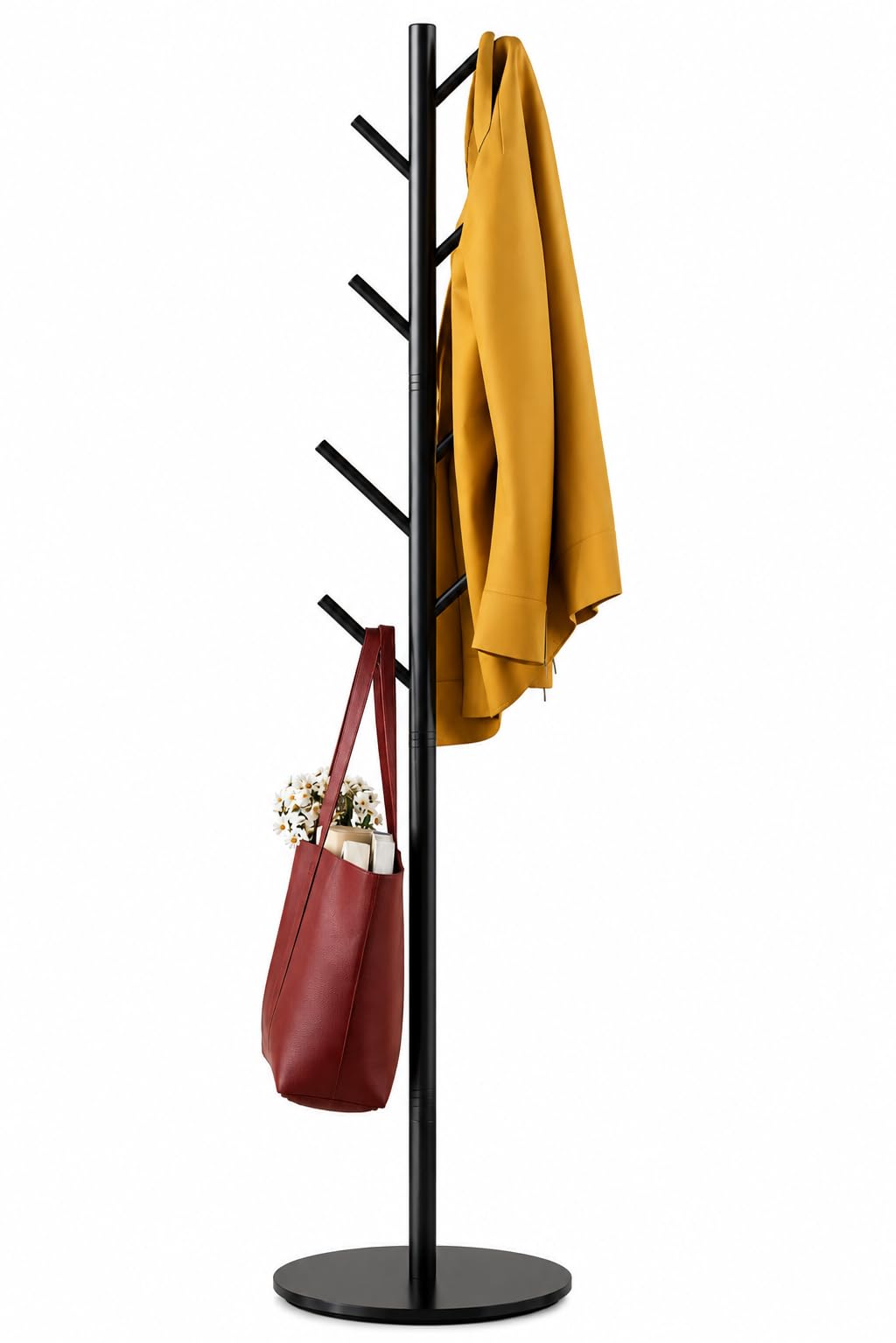 Coat Rack with 8 Hooks, 3 Adjustable Heights, Modern Hall Tree, Sturdy Metal Clothes Stand with Sintered Stone Base for Entryway, Office, Bedroom, for Coats, Hats, Handbags and Scarves, Black