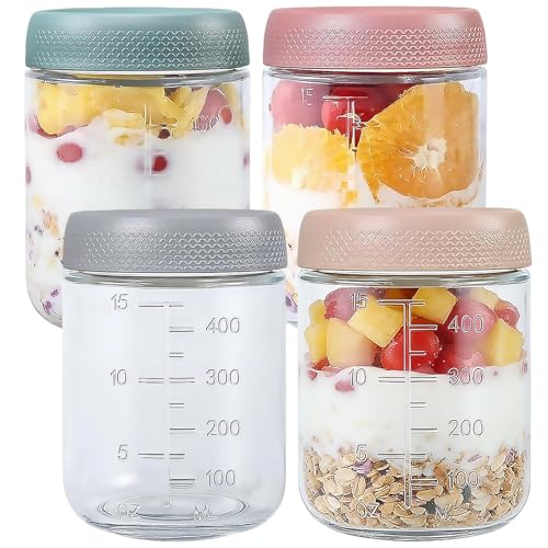LXTaoler Reusable Overnight Oats Jars - Set of 4 Glass Jars (500ml) with Measurement Indicators & Non-Slip Lids for Yogurt Salad & Milk Fruits