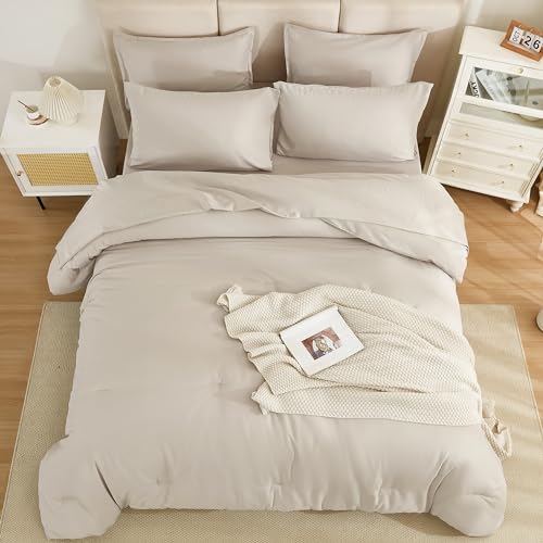 Litanika Comforter California King Size Set Tannish Grey - 7 Pieces Bed in a Bag California King Bedding Comforter Sets, Plain Lightweight Bed Set with Comforter, Sheets, Pillowcases & Shams