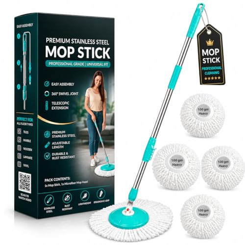 Image of Ultra Premium 360 Spin Mop Stick Rod with Stainless Steel Handle | Adjustable & Extendable Heavy Duty Mop Handle | Floor Cleaning Refill Rod Compatible with Spin Mop (Aqua Green) (4 Heads)