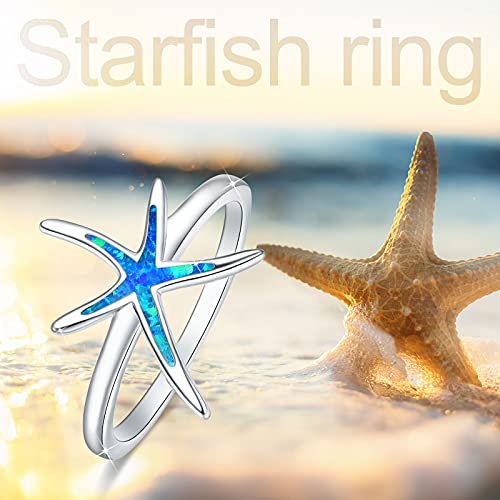 Cuoka Starfish Rings For Women, 925 Sterling Silver With Blue Opal Promise Rings Hawaiian Beach Nautical Ocean Statement Fidget Ring Jewelry Birthday Gift For Girl Friend Wife - Size 7 #TOP5