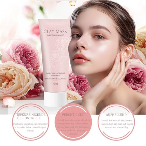 Tiefenreinigende Gesichtsmaske mit Niacinamide und Rose, Clay Mask for Skin Care, Gesichtsmaske Frauen für Poren Verkleinern, Feuchtigkeitsspendende Maske für alle Hauttypen, Tonerde Maske – Bild 6