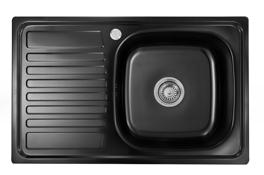 Fregadero de cocina empotrable de acero inoxidable 304, grosor de material de 0,8 mm, fregadero de cocina cuadrado, 1 escurridor 80LX50BX18H (escurridor izquierdo-negro)