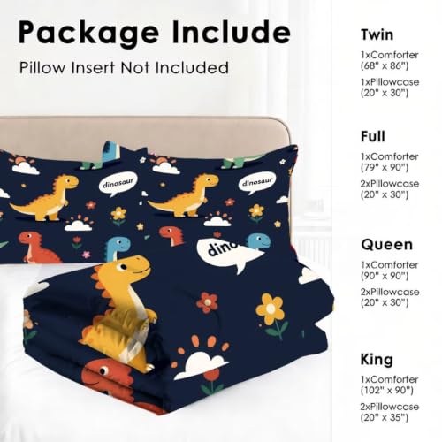 Image of Cartoon Dinosaur Comforter Set Twin Size Cute Bedding Set for Kids | Cute Colorful Dino Bedding Set for Boys Girls, All Season Soft Microfiber Bed Set with 1 Comforter 1 Pillowcase